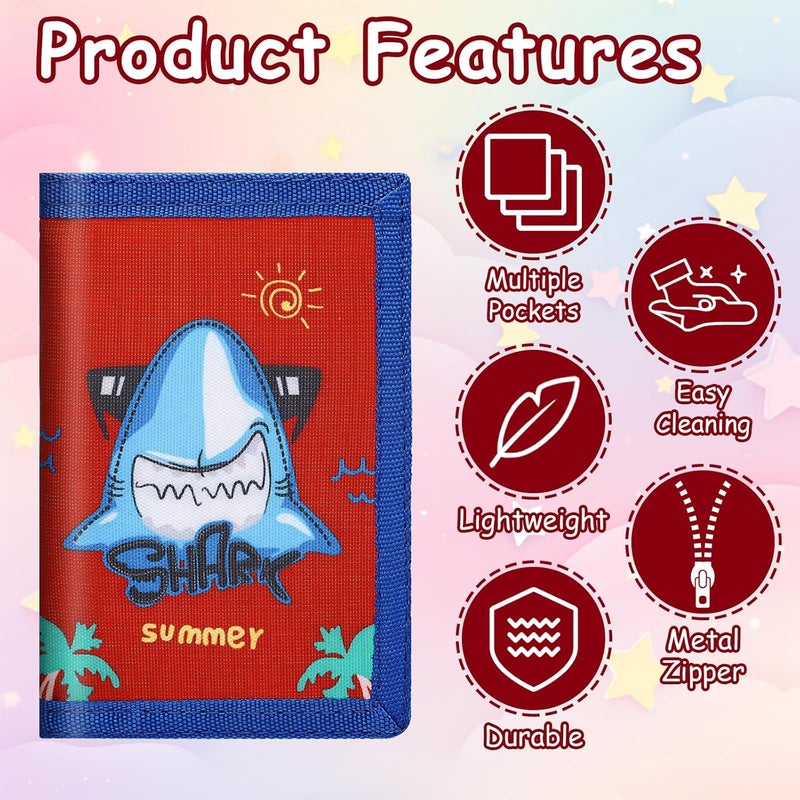Sundee RFID Blocking Wallet,3 Packs Kids Wallet Bulk,Mini Trifold Coin Purse Cartoon Wallet,Front Pocket Wallet with Zipper for Kids,Canvas Outdoor Sports Wallets with Magic Sticker - Blue Shark - Image 5